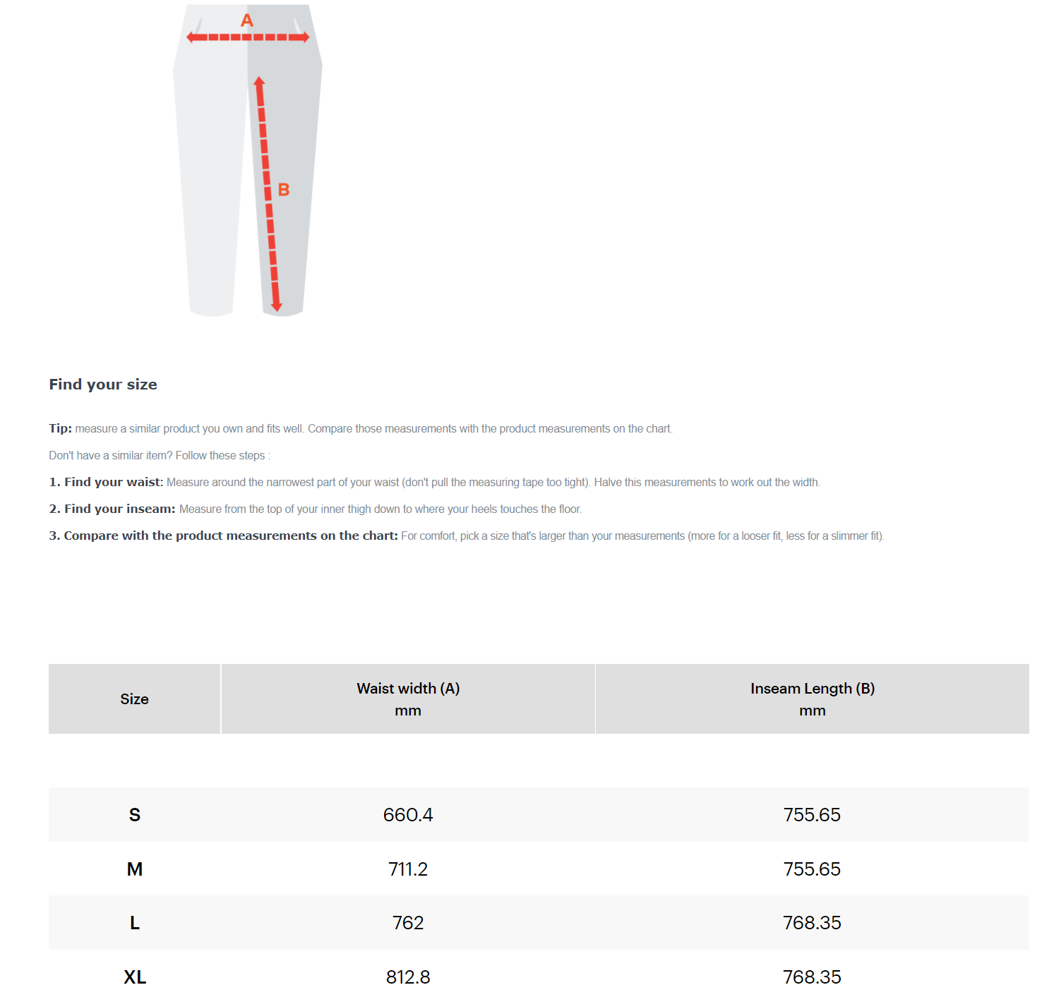 TRACK PANTS-SIZE CHART